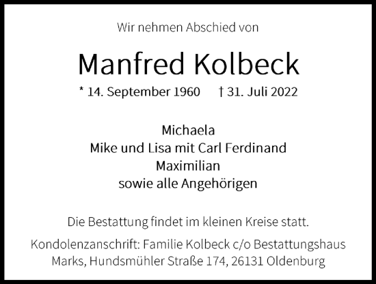 Anzeige von Manfred Kolbeck von OM-Medien