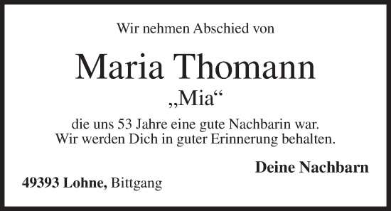 Anzeige von Maria Thomann von OM-Medien