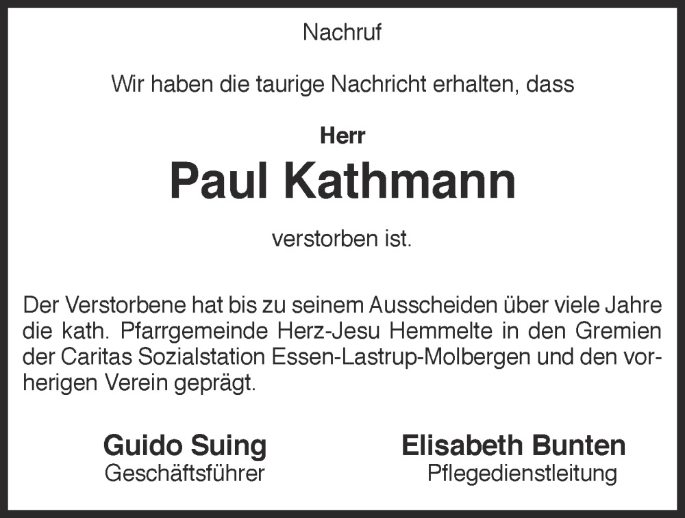  Traueranzeige für Paul Kathmann vom 23.08.2022 aus OM-Medien