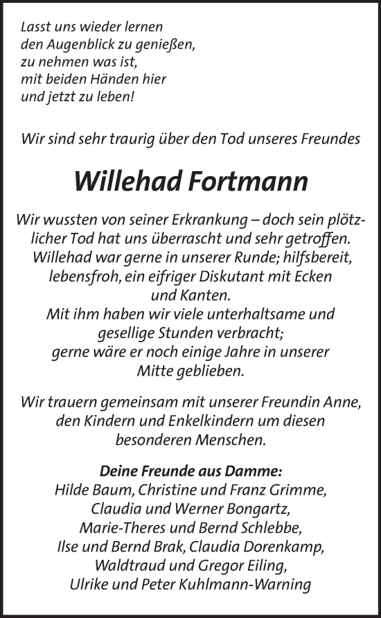 Anzeige von Willehad Fortmann von OM-Medien