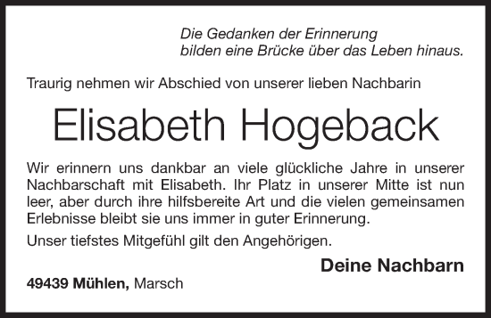 Anzeige von Elisabeth Hogeback von OM-Medien