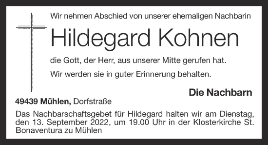 Anzeige von Hildegard Kohnen von OM-Medien