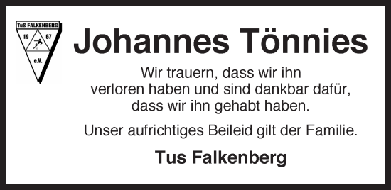 Anzeige von Johannes Tönnies von OM-Medien