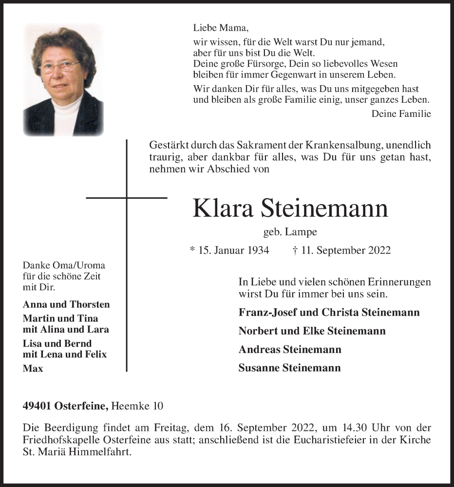  Traueranzeige für Klara Steinemann vom 13.09.2022 aus OM-Medien