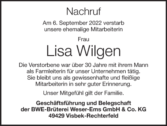 Anzeige von Lisa Wilgen von OM-Medien