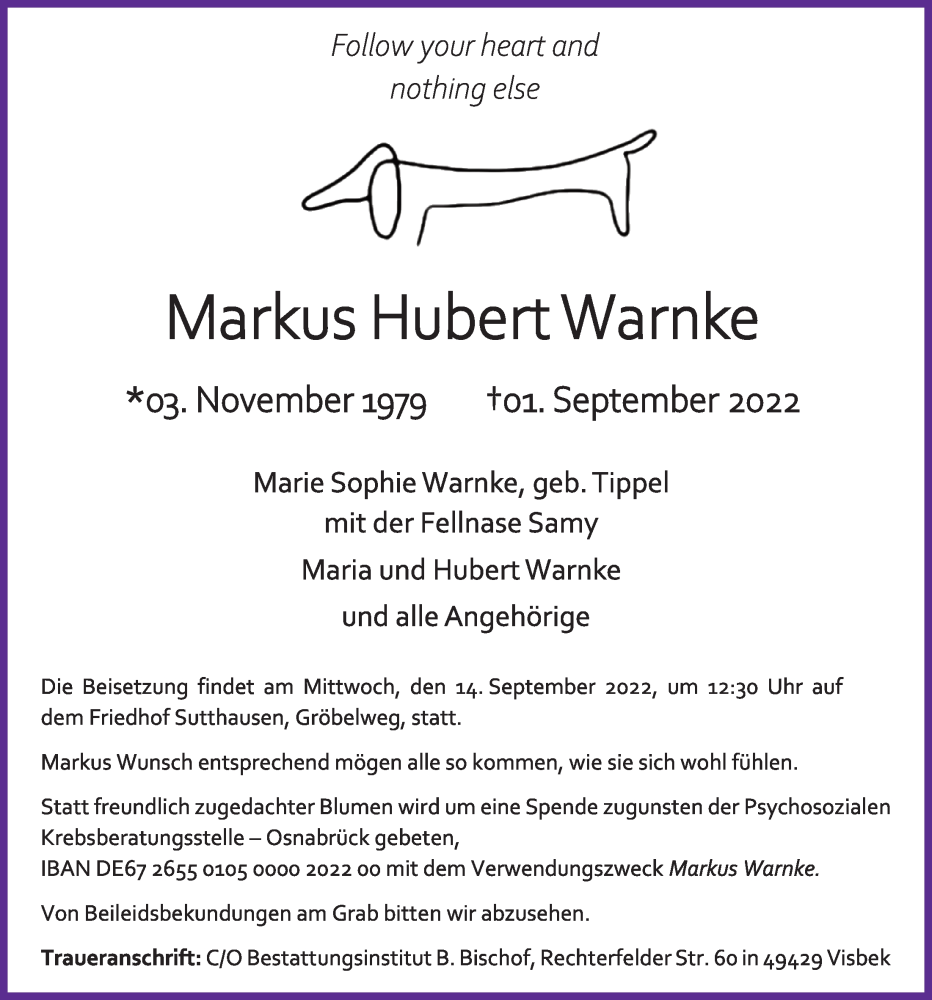  Traueranzeige für Markus Hubert  Warnke vom 08.09.2022 aus OM-Medien