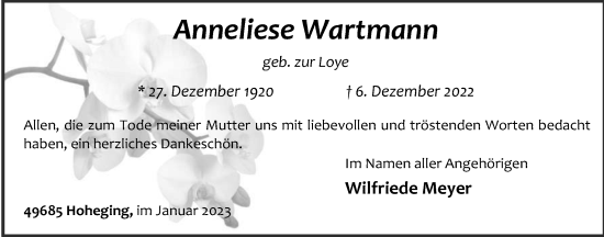 Anzeige von Anneliese Wartmann von OM-Medien