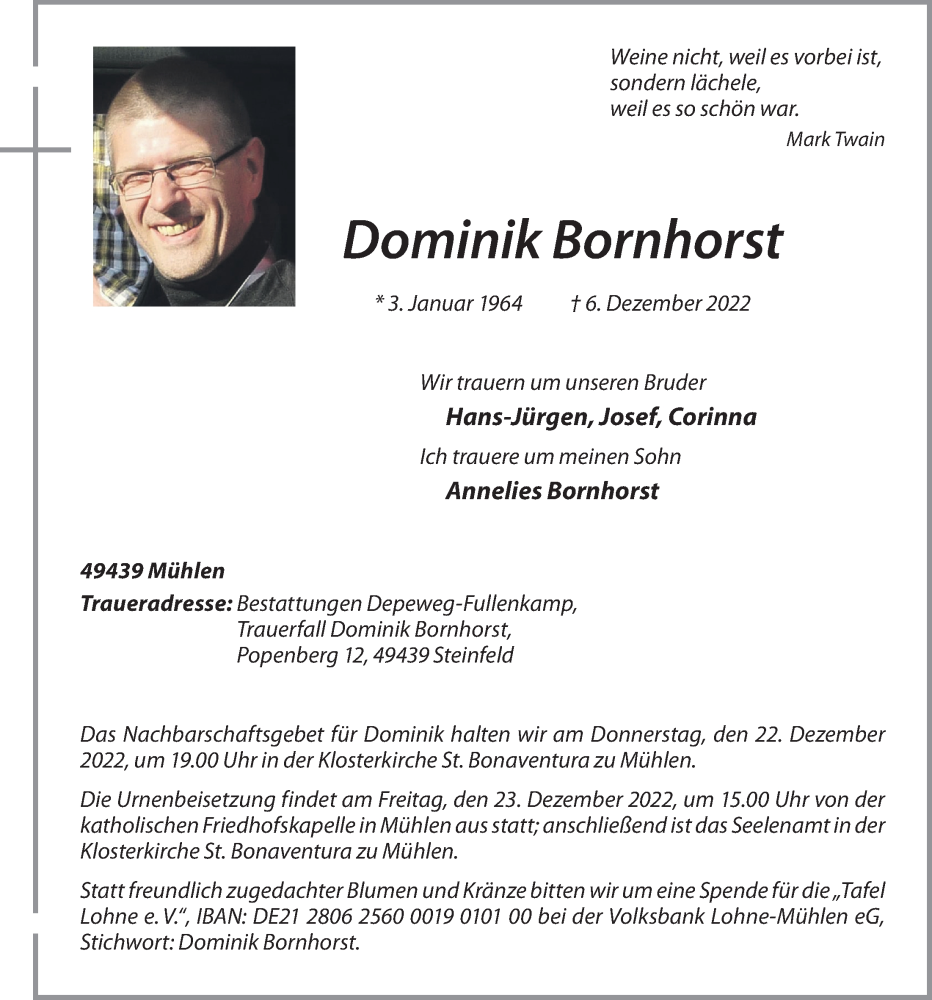  Traueranzeige für Dominik Bornhorst vom 10.01.2023 aus OM-Medien