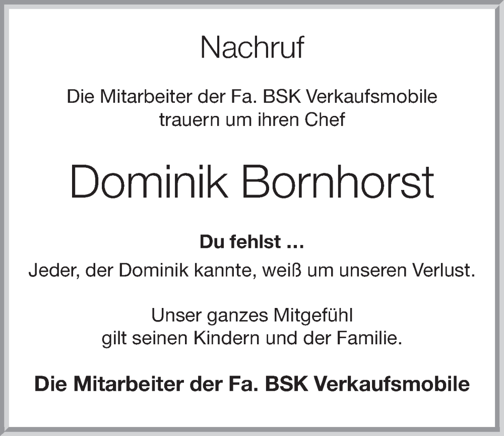  Traueranzeige für Dominik Bornhorst vom 10.01.2023 aus OM-Medien