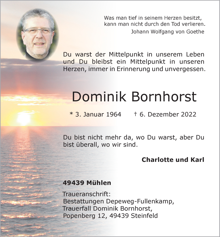  Traueranzeige für Dominik Bornhorst vom 10.01.2023 aus OM-Medien