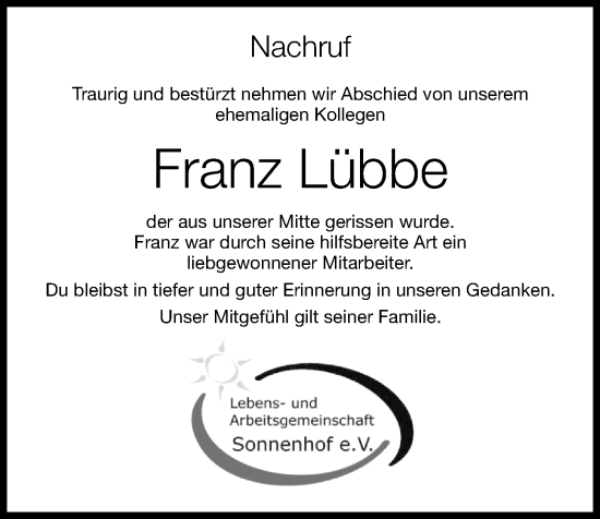 Anzeige von Franz Lübbe von OM-Medien