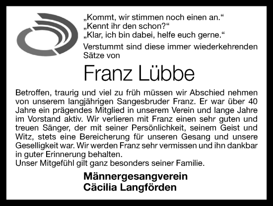 Anzeige von Franz Lübbe von OM-Medien