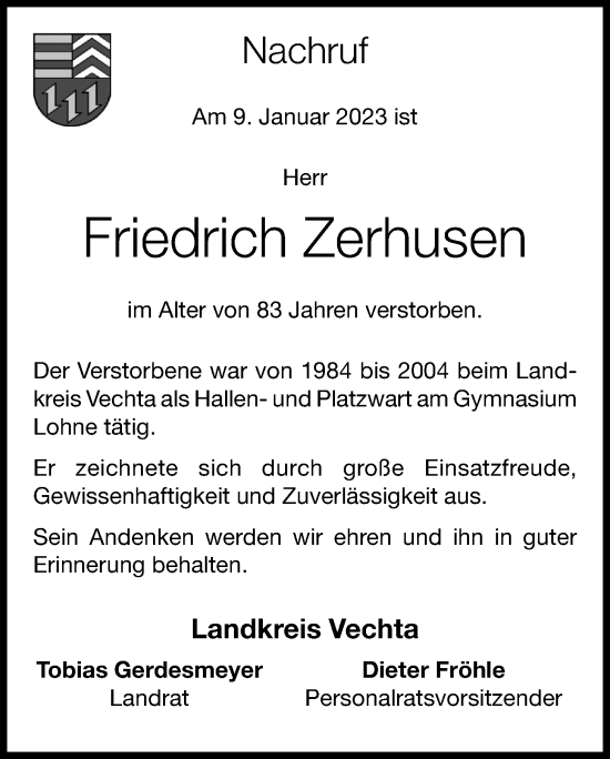 Anzeige von Friedrich Zerhusen von OM-Medien