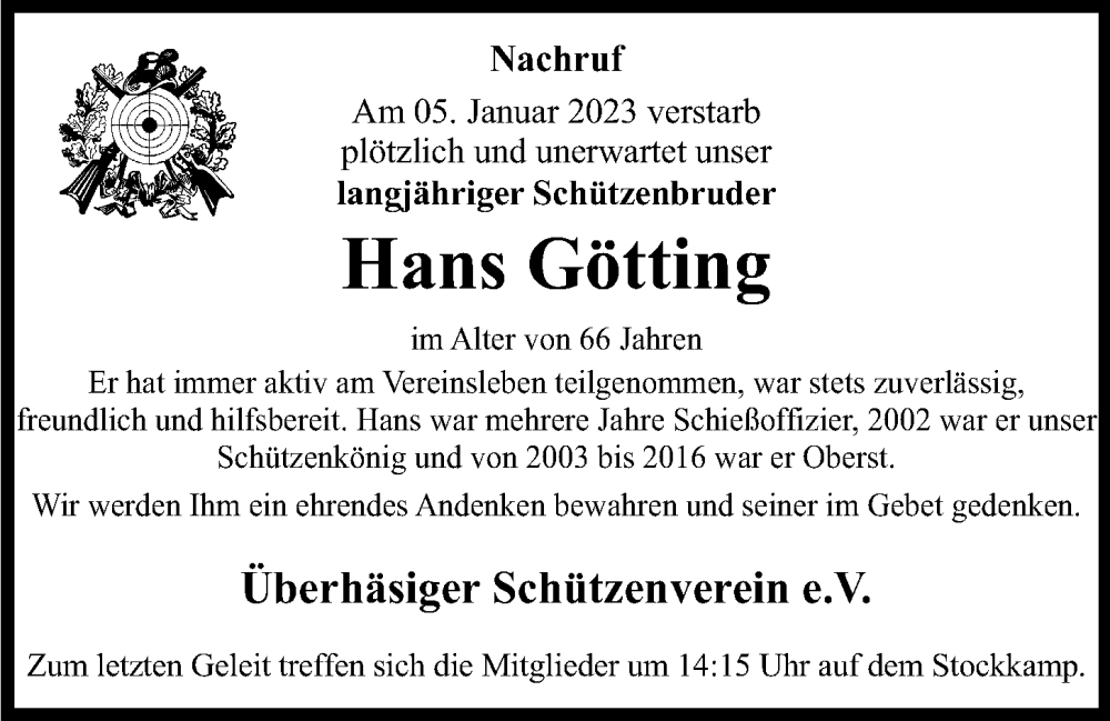  Traueranzeige für Hans Götting vom 11.01.2023 aus OM-Medien