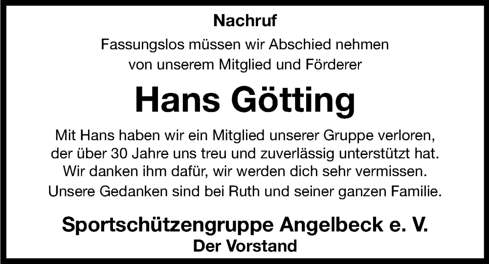  Traueranzeige für Hans Götting vom 11.01.2023 aus OM-Medien