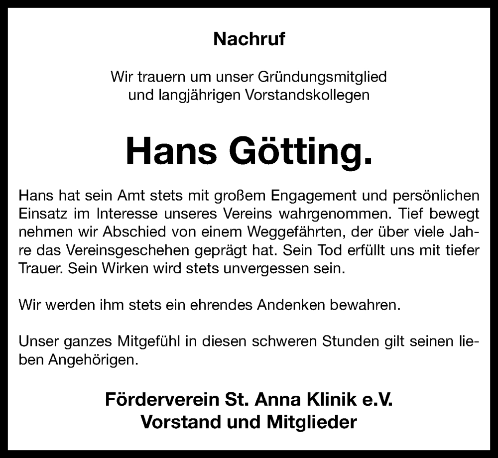  Traueranzeige für Hans Götting vom 11.01.2023 aus OM-Medien