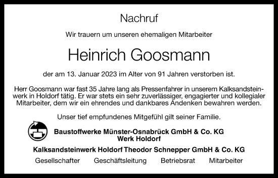 Anzeige von Heinrich Goosmann von OM-Medien