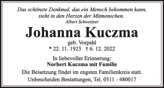 Anzeige von Johanna Kuczma von OM-Medien