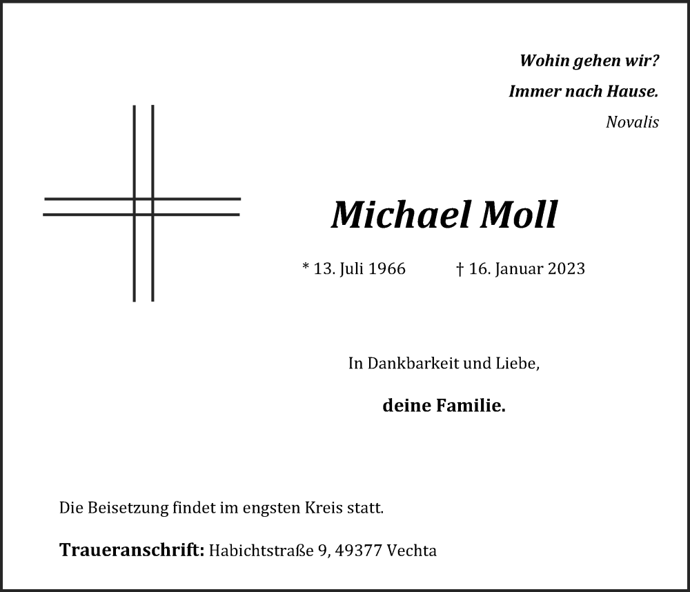  Traueranzeige für Michael Moll vom 20.01.2023 aus OM-Medien