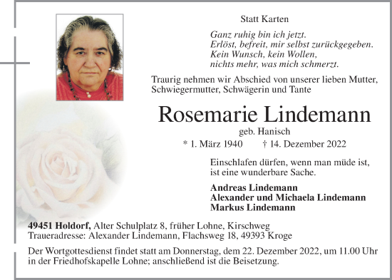 Anzeige von Rosemarie Lindemann von OM-Medien