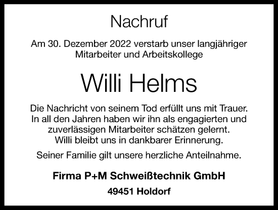 Anzeige von Willi Helms von OM-Medien