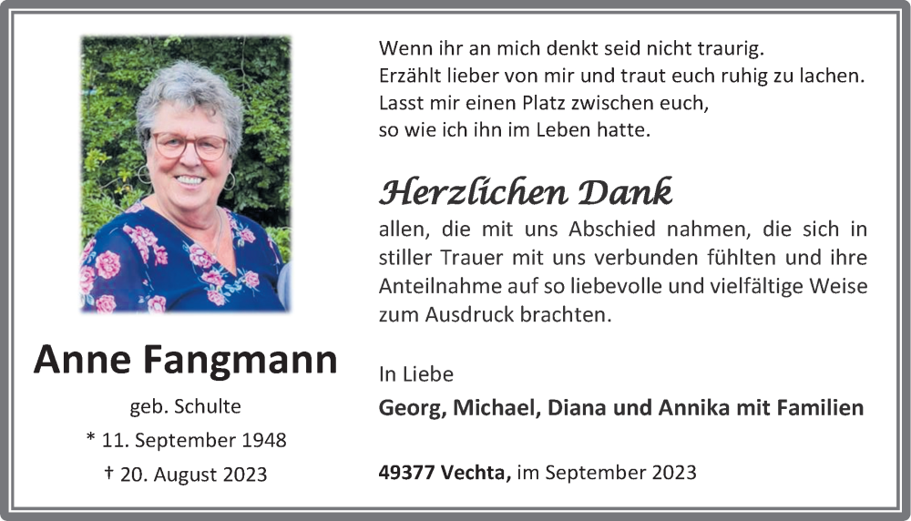 Traueranzeigen von Anne Fangmann | om-trauer.de