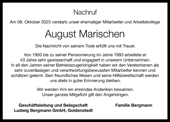 Anzeige von August Marischen von OM-Medien