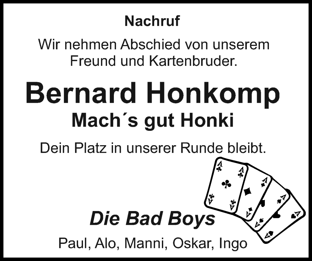  Traueranzeige für Bernard Honkomp vom 26.10.2023 aus OM-Medien