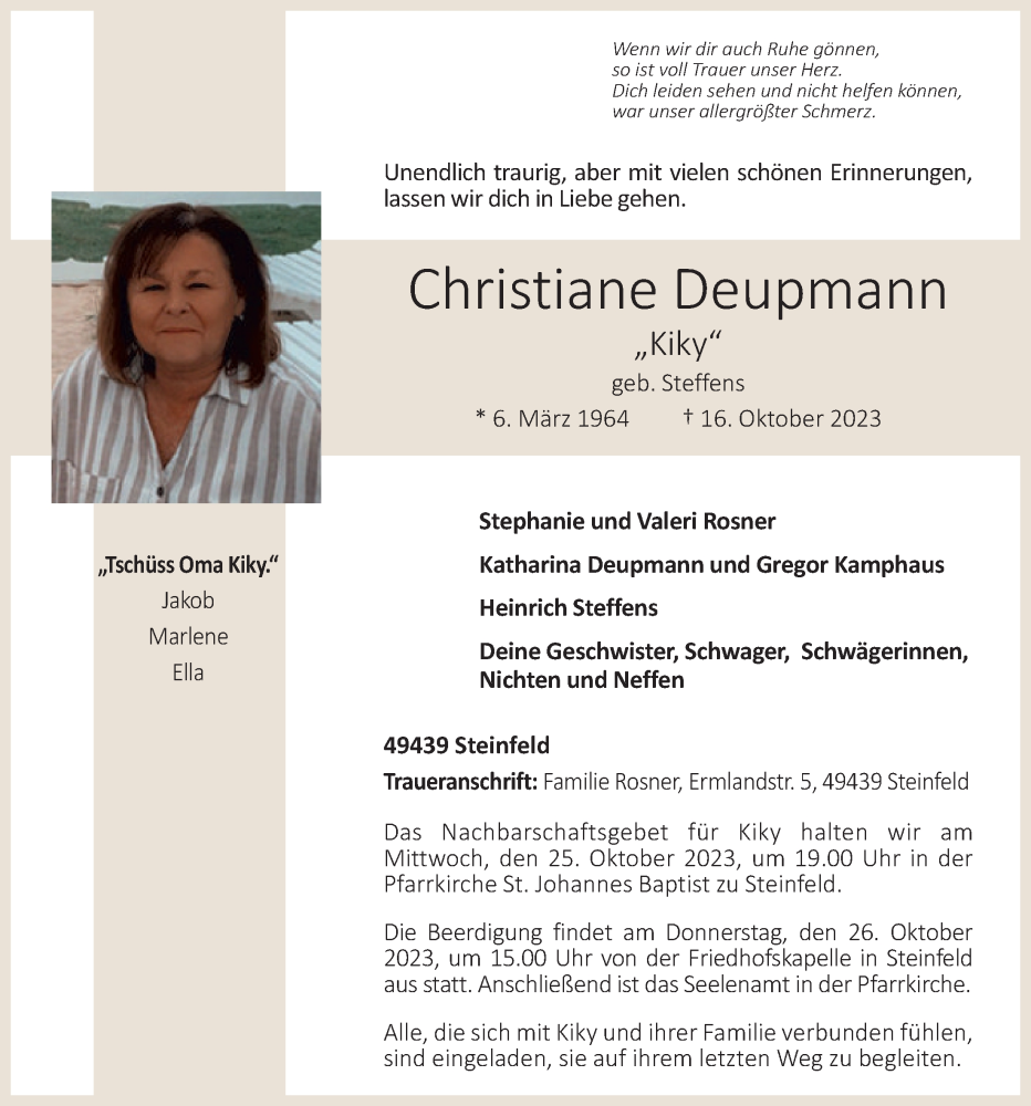  Traueranzeige für Christiane Deupmann vom 21.10.2023 aus OM-Medien