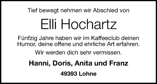 Anzeige von Elli Hochartz von OM-Medien