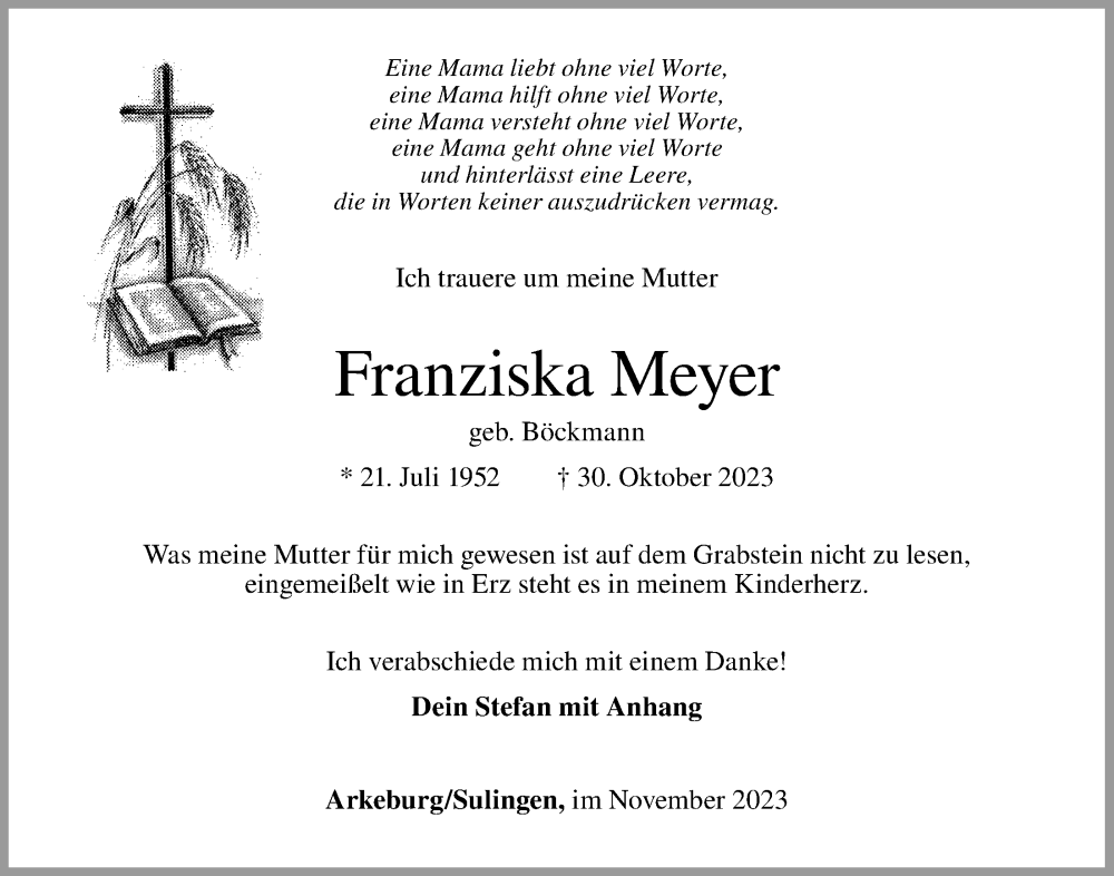  Traueranzeige für Franziska Meyer vom 31.10.2023 aus OM-Medien