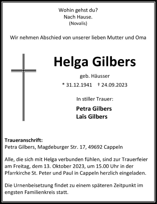 Anzeige von Helga Gilbers von OM-Medien