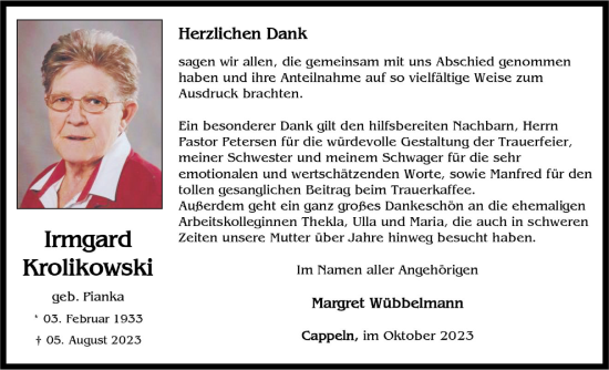 Anzeige von Irmgard Krolikowski von OM-Medien