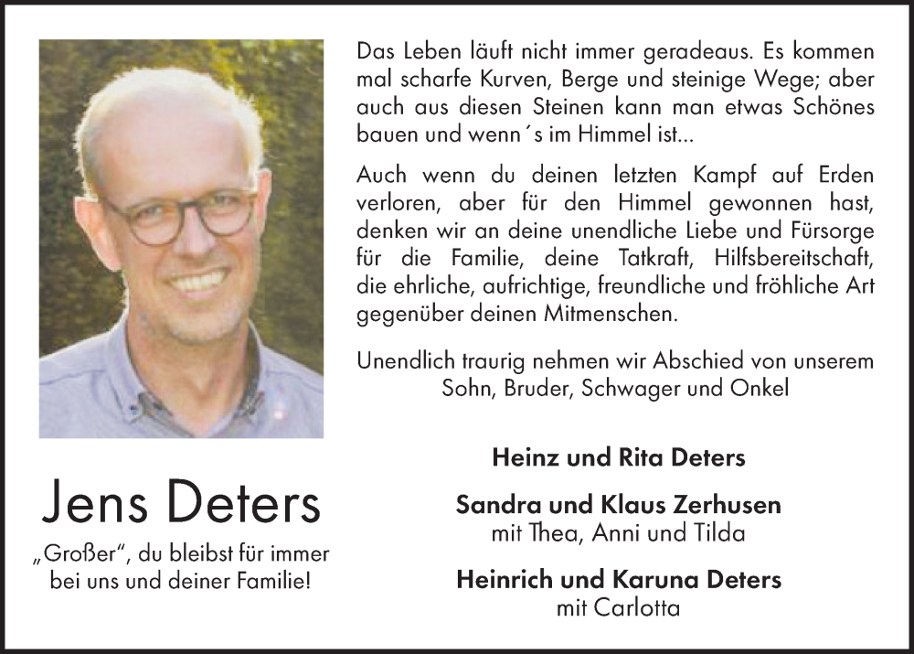  Traueranzeige für Jens Deters vom 05.10.2023 aus OM-Medien