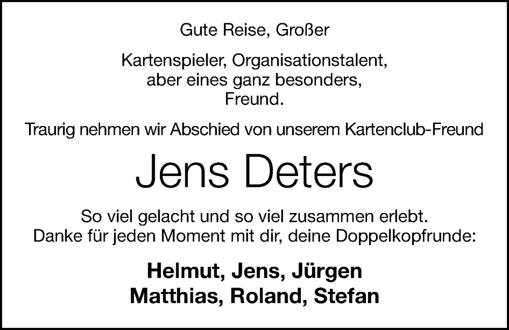  Traueranzeige für Jens Deters vom 06.10.2023 aus OM-Medien