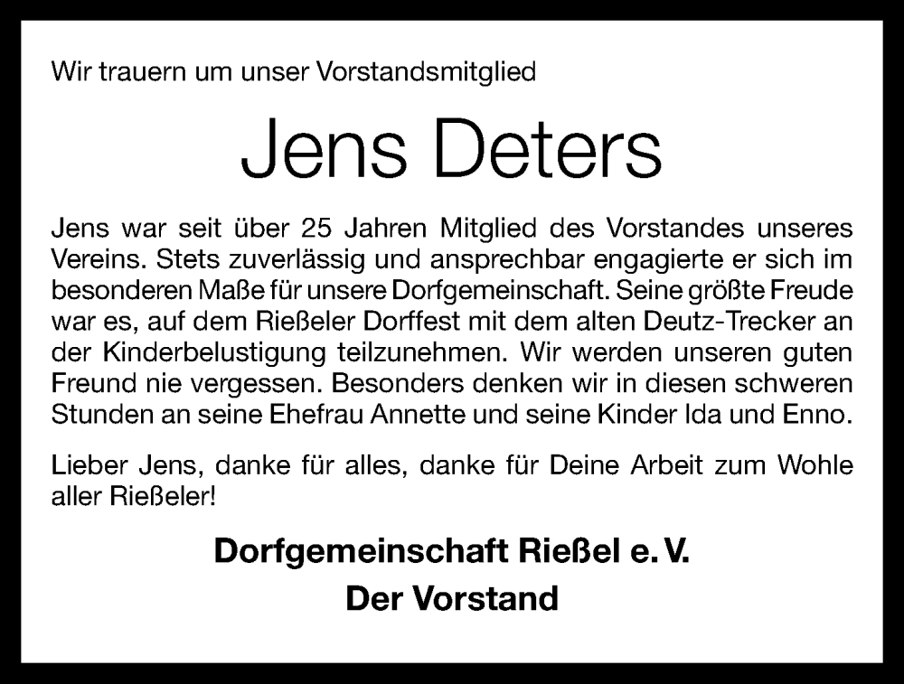  Traueranzeige für Jens Deters vom 06.10.2023 aus OM-Medien