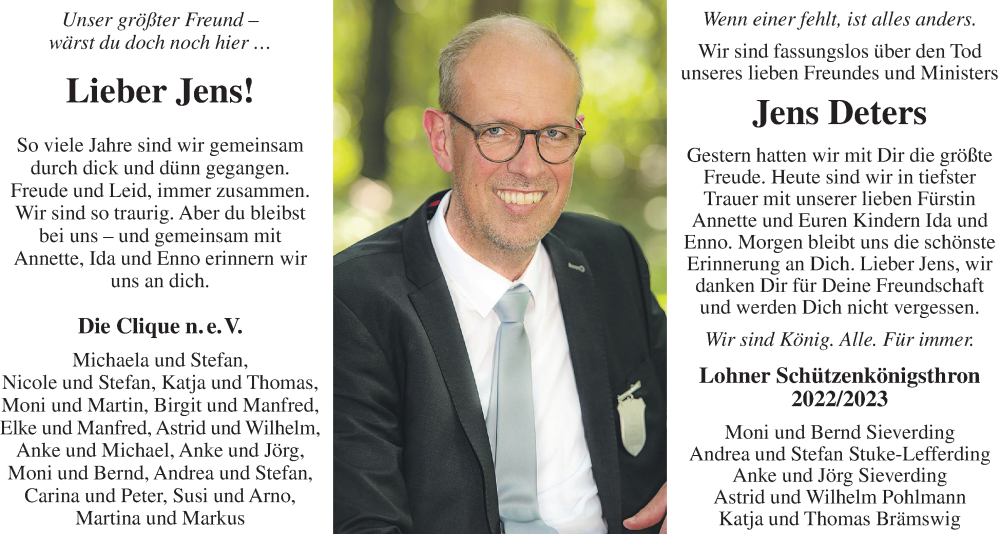  Traueranzeige für Jens Deters vom 06.10.2023 aus OM-Medien