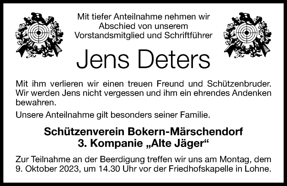  Traueranzeige für Jens Deters vom 06.10.2023 aus OM-Medien