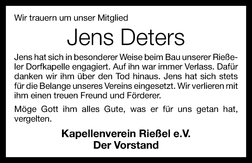  Traueranzeige für Jens Deters vom 07.10.2023 aus OM-Medien