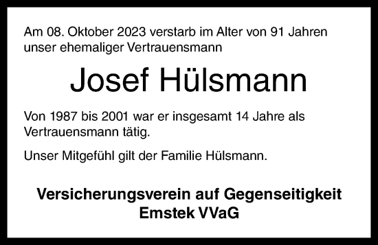 Anzeige von Josef Hülsmann von OM-Medien