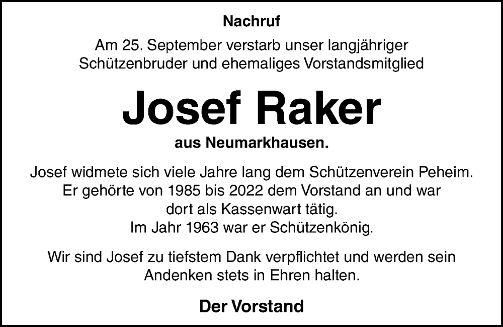  Traueranzeige für Josef Raker vom 03.10.2023 aus OM-Medien