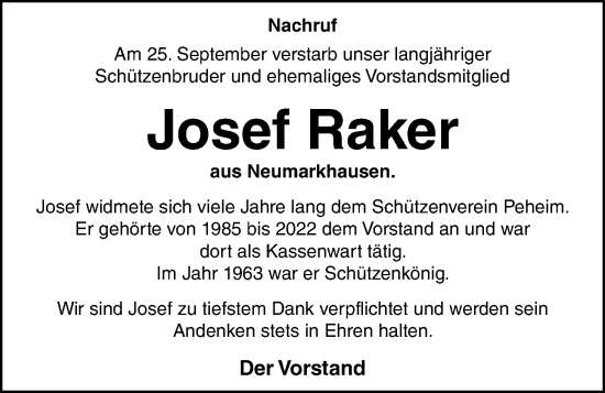 Anzeige von Josef Raker von OM-Medien