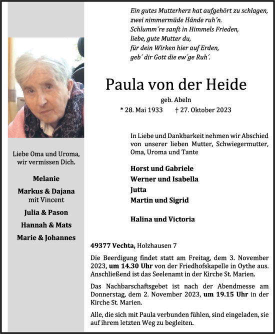 Anzeige von Paula von der Heide von OM-Medien