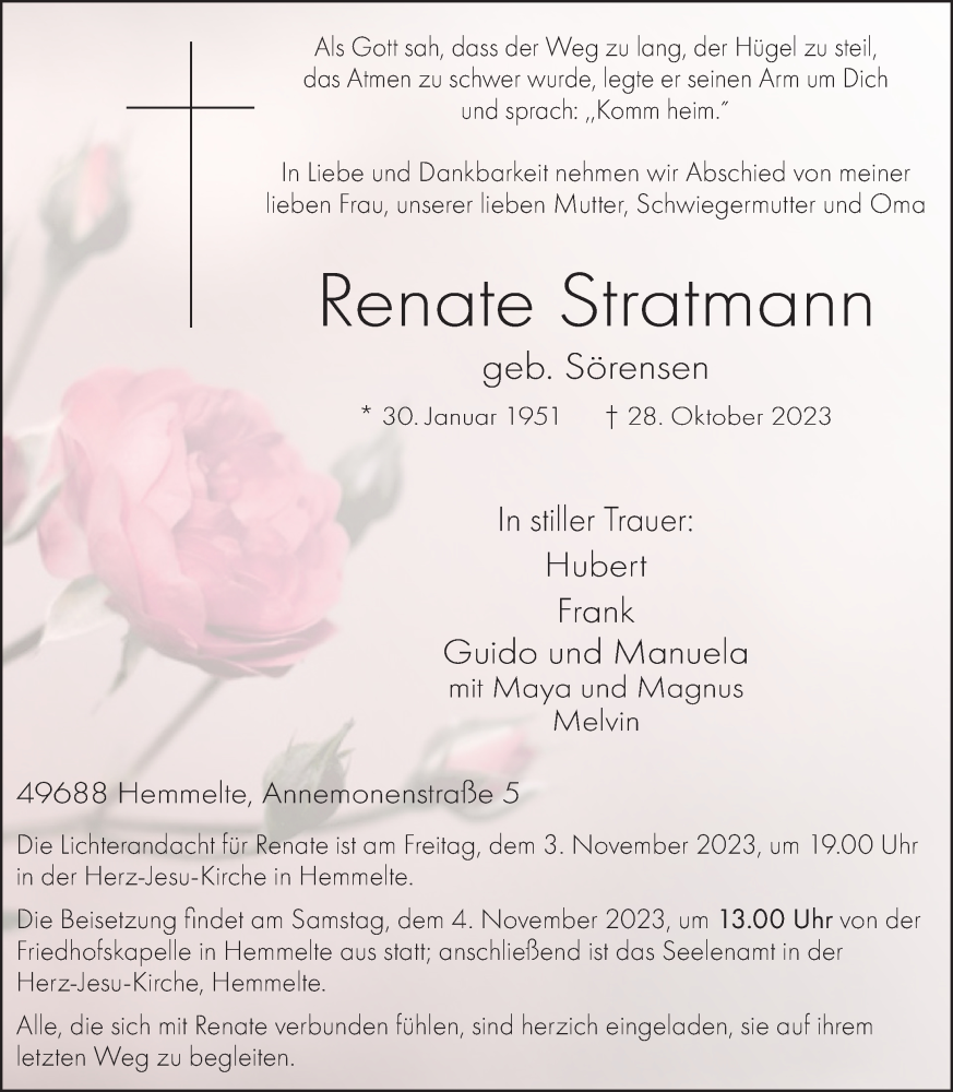  Traueranzeige für Renate Stratmann vom 31.10.2023 aus OM-Medien