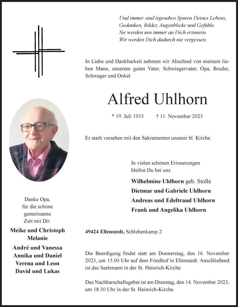  Traueranzeige für Alfred Uhlhorn vom 13.11.2023 aus OM-Medien