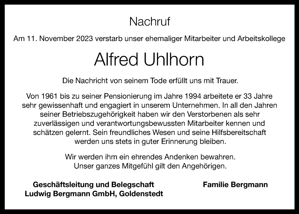  Traueranzeige für Alfred Uhlhorn vom 15.11.2023 aus OM-Medien