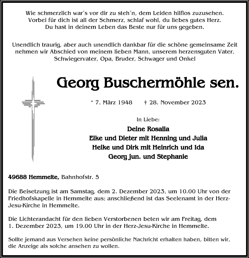  Traueranzeige für Georg Buschermöhle vom 30.11.2023 aus OM-Medien