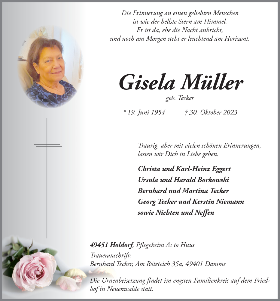  Traueranzeige für Gisela Müller vom 03.11.2023 aus OM-Medien