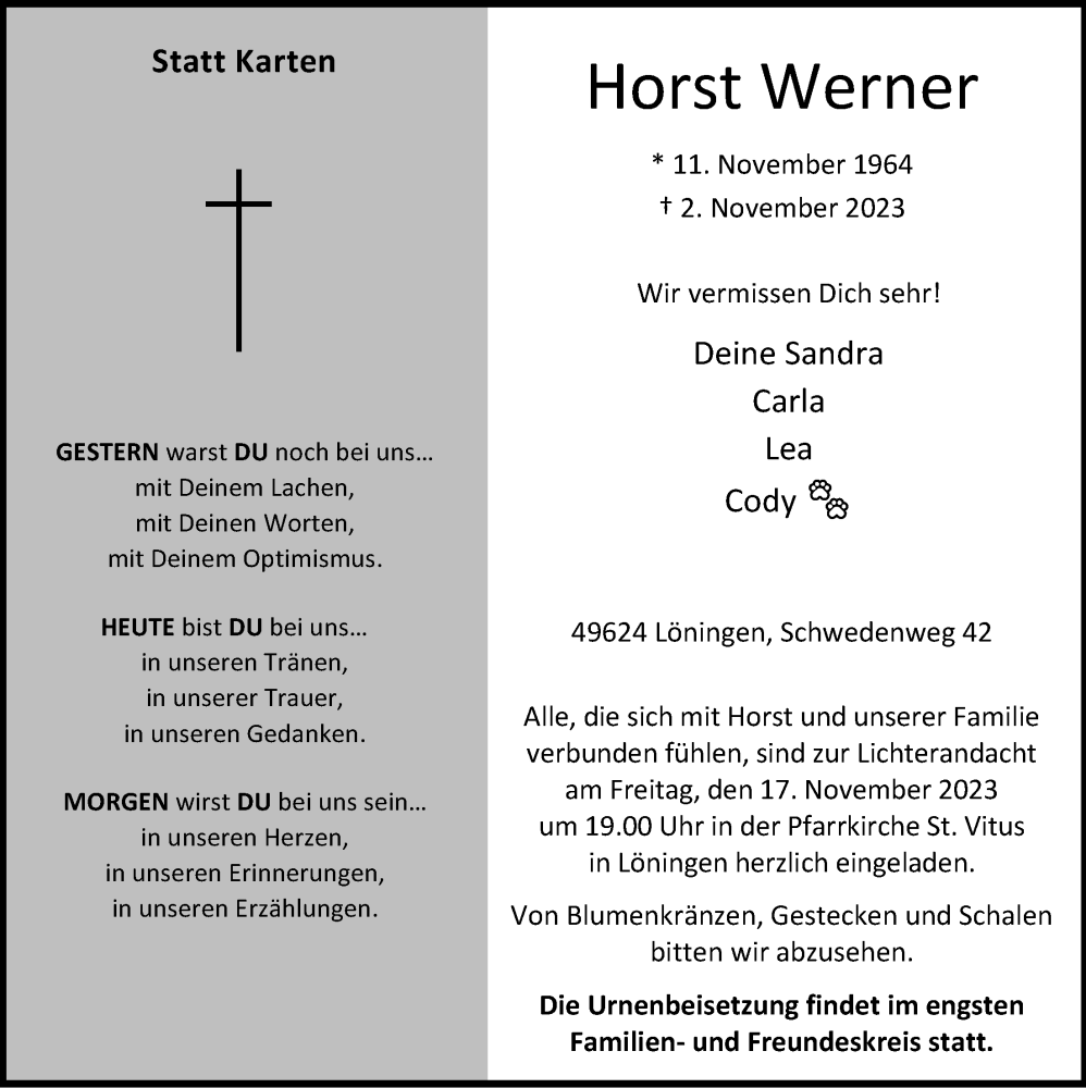  Traueranzeige für Horst Werner vom 11.11.2023 aus OM-Medien