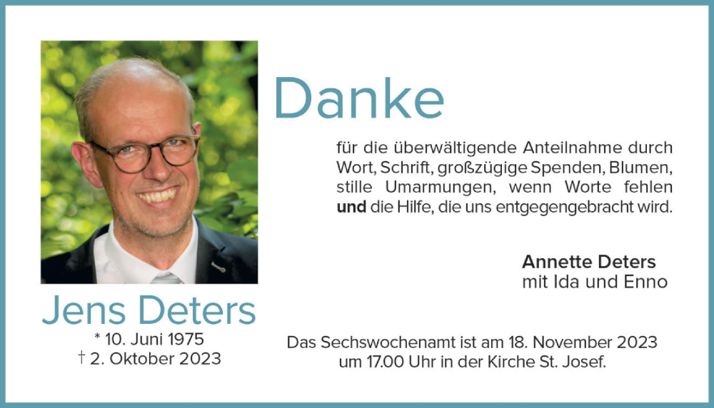  Traueranzeige für Jens Deters vom 16.11.2023 aus OM-Medien